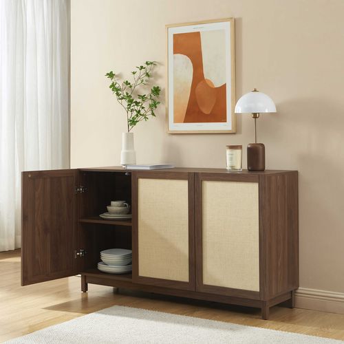 Buffet Haria Effet Noyer Et Rotin 3 Portes 140cm