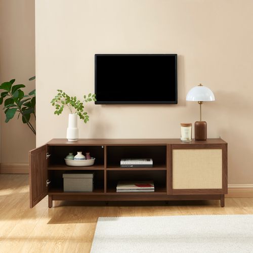 Meuble TV Haria Effet Noyer Et Rotin 150cm