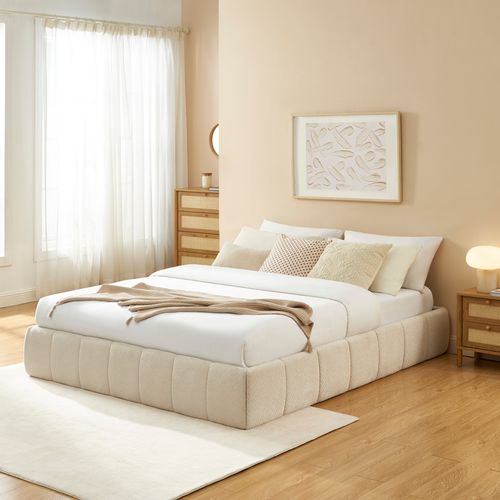 Lit Coffre Lavinia Tissu Chenille Beige 160x200 Sommier Inclus