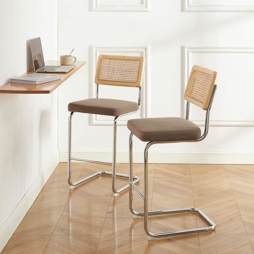 Lot De 2 Tabourets Mi-hauts Ella Cannage Velours Côtelé Grège