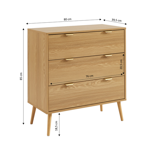 Commode Jeanne 3 Tiroirs Effet Chêne 80cm