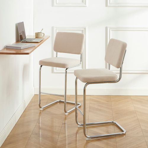 Lot De 2 Tabourets Mi-hauts Jack Velours Côtelé Beige Pied Métal