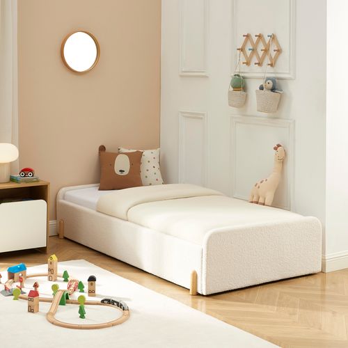 Lit Enfant Nui Tissu Bouclette Beige  90x190 Sommier Inclus