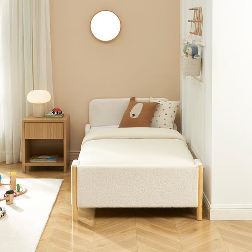 Lit Enfant Ari Tissu Bouclette Beige 90x190 Sommier Inclus