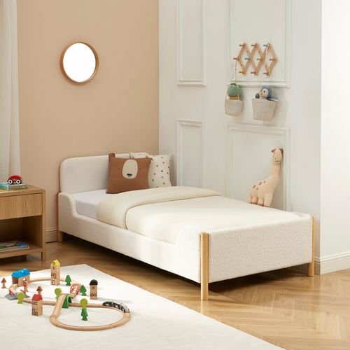 Lit Enfant Ari Tissu Bouclette Beige 90x190 Sommier Inclus