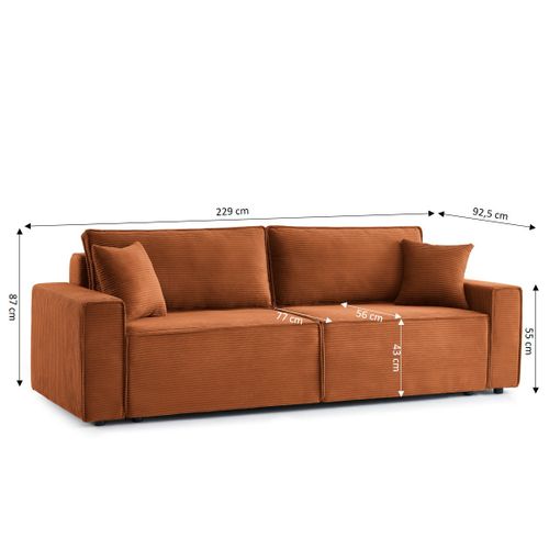 Canapé Droit Convertible 3 Places Zola Velours Côtelé Terracotta