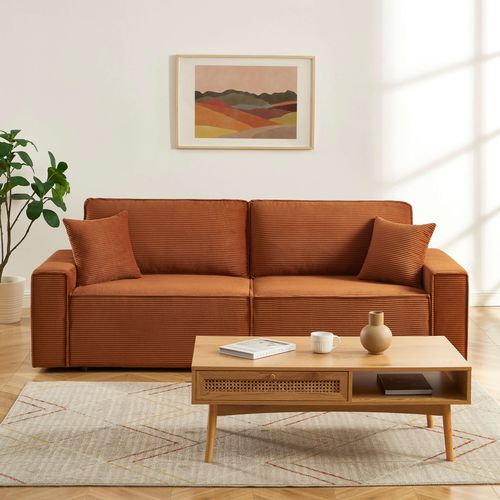 Canapé Droit Convertible 3 Places Zola Velours Côtelé Terracotta