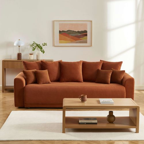 Canapé Droit Convertible 3 Places Soline Velours Côtelé Terracotta