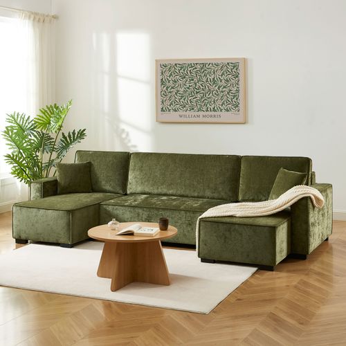 Canapé Panoramique Convertible Gavi 6 Places Tissu Vert