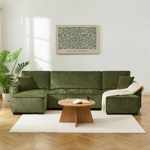 Canapé Panoramique Convertible Gavi 6 Places Tissu Vert