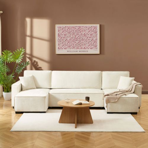 Canapé Panoramique Convertible Gavi 6 Places Tissu Beige