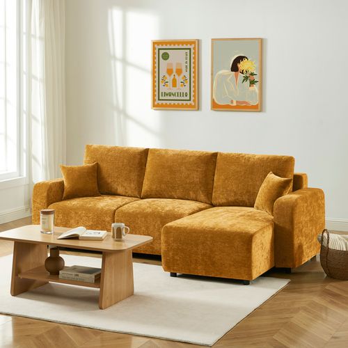 Canapé D'angle Convertible Et Réversible Livio 4 Places Tissu Jaune