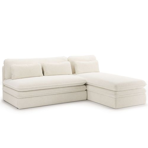 Banquette D'angle Convertible Et Réversible Noma 4 Places Velours Côtelé Écru