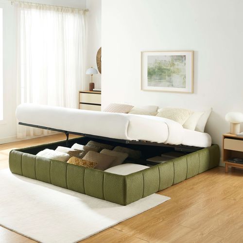 Lit Coffre Lavinia Tissu Chenille Vert 180x200 Sommier Inclus