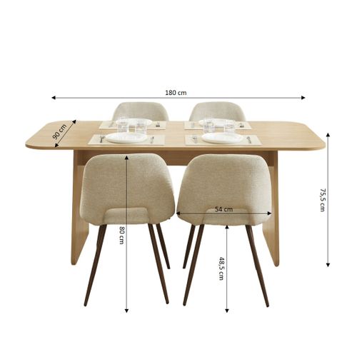 Ensemble Table Lango Chêne Et 4 Chaises Elisabeth Tissu Beige