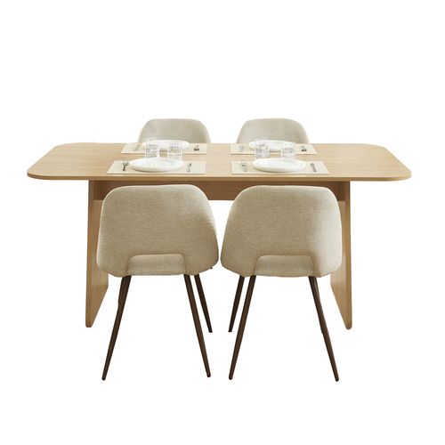 Ensemble Table Lango Chêne Et 4 Chaises Elisabeth Tissu Beige