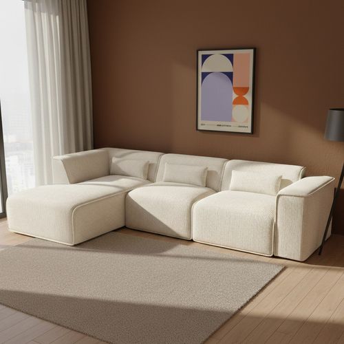 Canapé D'angle Gauche Fixe Nuna 5/6 Places Velours Côtelé Beige