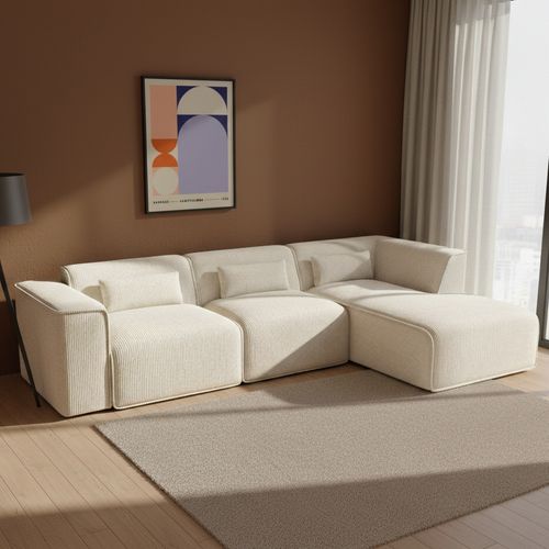 Canapé D'angle Droit Fixe Nuna 5/6 Places Velours Côtelé Beige