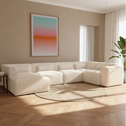 Canapé Panoramique Fixe Nuna 7 Places Chaise Gauche Velours Côtelé Beige