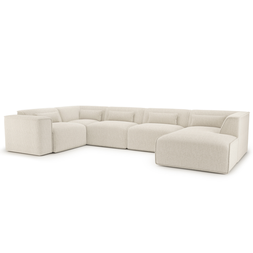 Canapé Panoramique Fixe Nuna 7 Places Chaise Droite Velours Côtelé Beige