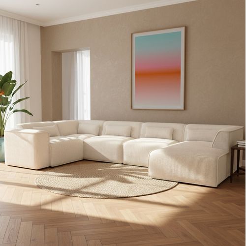 Canapé Panoramique Fixe Nuna 7 Places Chaise Droite Velours Côtelé Beige