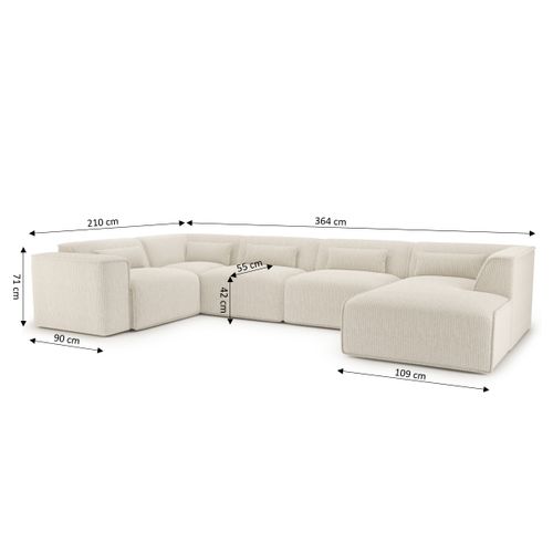 Canapé Panoramique Fixe Nuna 7 Places Chaise Droite Velours Côtelé Beige