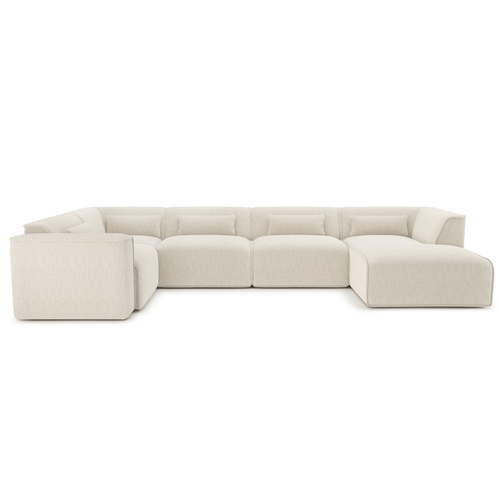 Canapé Panoramique Fixe Nuna 7 Places Chaise Droite Velours Côtelé Beige