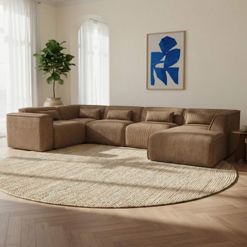 Canapé Panoramique Fixe Nuna 7 Places Chaise Droite Velours Côtelé Marron