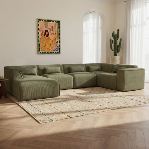 Canapé Panoramique Fixe Nuna 7 Places Chaise Gauche Velours Côtelé Vert