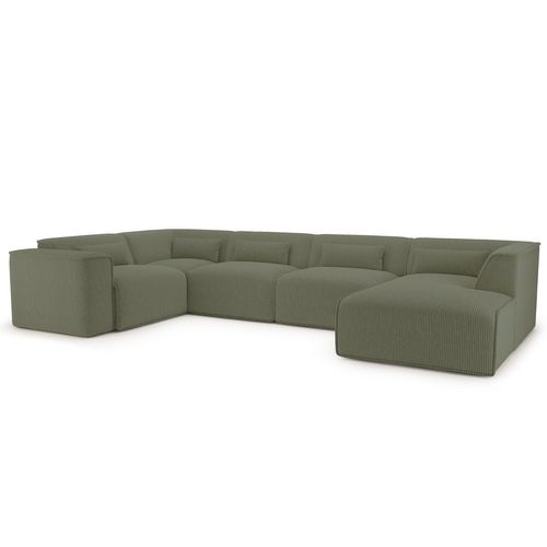 Canapé Panoramique Fixe Nuna 7 Places Chaise Droite Velours Côtelé Vert