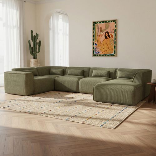 Canapé Panoramique Fixe Nuna 7 Places Chaise Droite Velours Côtelé Vert