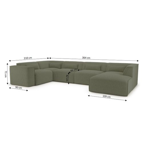 Canapé Panoramique Fixe Nuna 7 Places Chaise Droite Velours Côtelé Vert