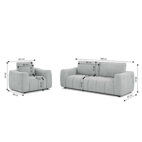 Ensemble Canapé Droit 3 Places + Fauteuil 1 Place Kerea Tissu Gris