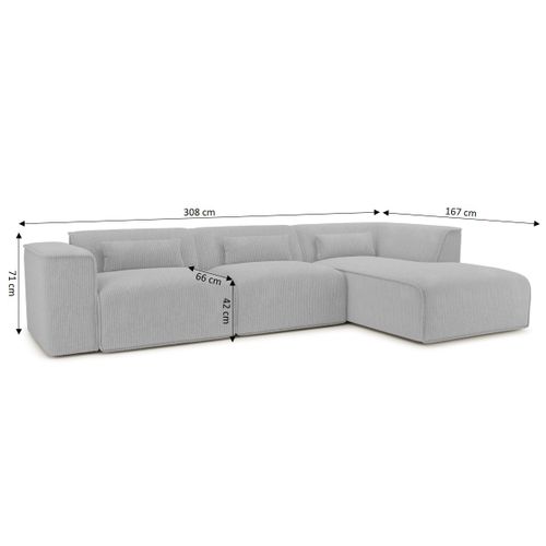 Canapé D'angle Droit Fixe Nuna 5/6 Places Velours Côtelé Gris