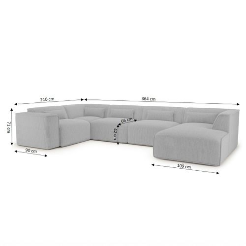 Canapé Panoramique Fixe Nuna 7 Places Chaise Droite Velours Côtelé Gris