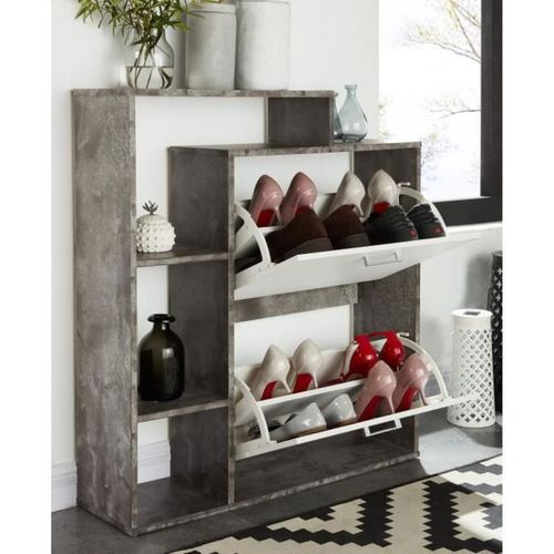Meuble à Chaussures Lily  Coloris Blanc Et Effet Béton  2 Portes - L86cm