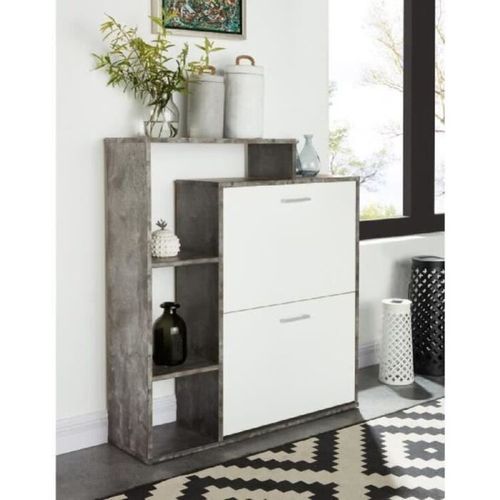Meuble à Chaussures Lily  Coloris Blanc Et Effet Béton  2 Portes - L86cm