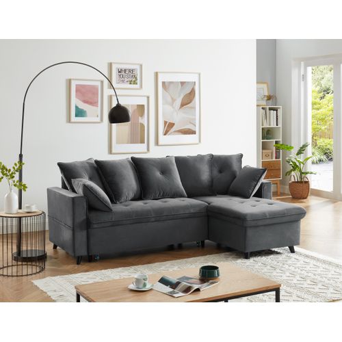 Canapé D'angle Lou Convertible 4 Places Velours Gris Angle Réversible Et Coffre