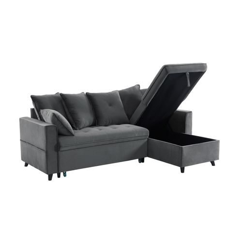 Canapé D'angle Lou Convertible 4 Places Velours Gris Angle Réversible Et Coffre