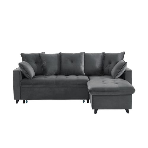 Canapé D'angle Lou Convertible 4 Places Velours Gris Angle Réversible Et Coffre