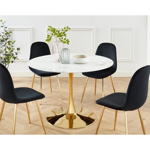 Table Séjour Monika  Verre Effet Marbre  Ronde 110cm Pied Doré