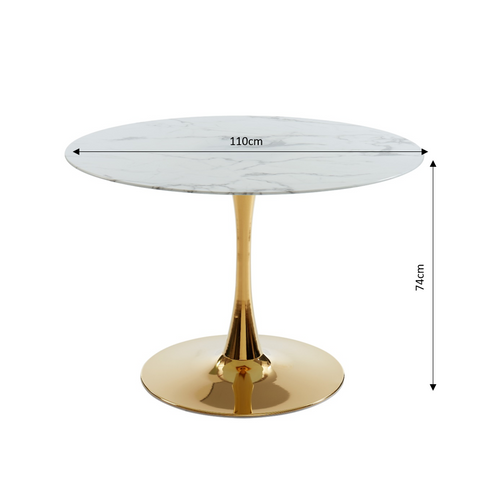 Table Séjour Monika  Verre Effet Marbre  Ronde 110cm Pied Doré