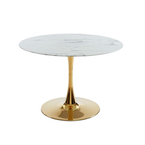 Table Séjour Monika  Verre Effet Marbre  Ronde 110cm Pied Doré
