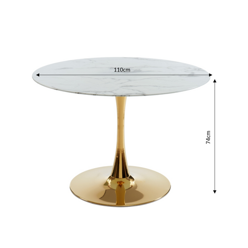 Table Séjour Monika  Verre Effet Marbre  Ronde 110cm Pied Doré