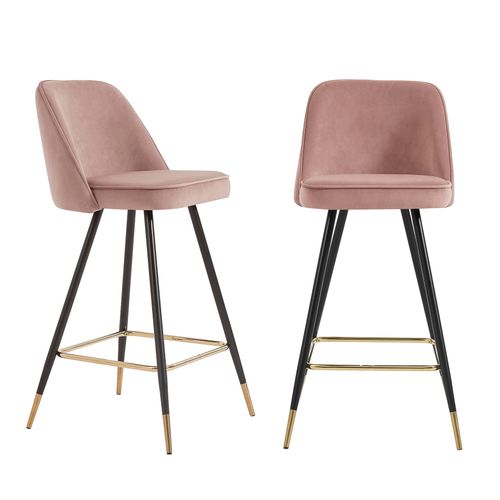 Lot De 2 Tabourets Eugene En Velours Vieux Rose Avec Pieds Noir Et Doré