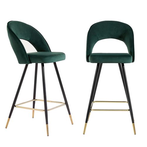 Lot De 2 Tabourets Basile En Velours Vert Avec Pieds Noir Et Doré