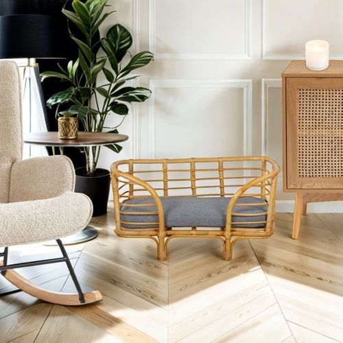 Panier Rectangulaire Selene Pour Chien Et Chat En Rotin Coussin Coloris Gris