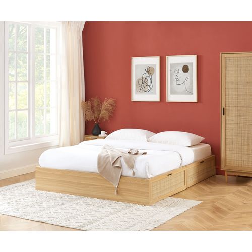 Cadre De Lit à Tiroirs Amana Cannage Rotin 140x190 Sommier Inclus