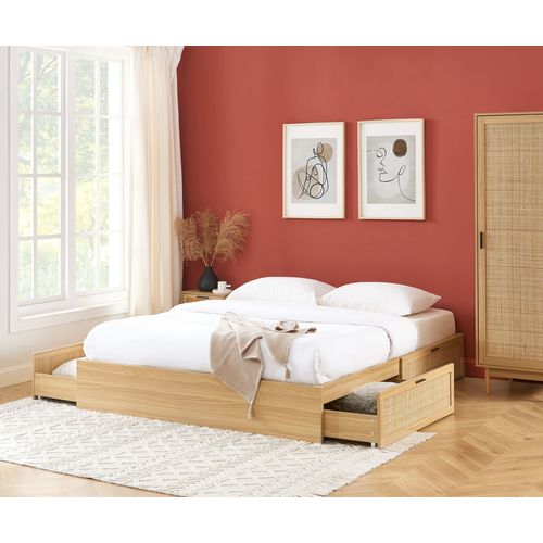 Cadre De Lit à Tiroirs Amana Cannage Rotin 160x200 Sommier Inclus