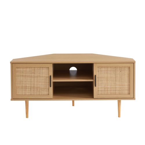 Meuble TV D'angle Amana Effet Chêne Et Cannage Rotin 2 Portes